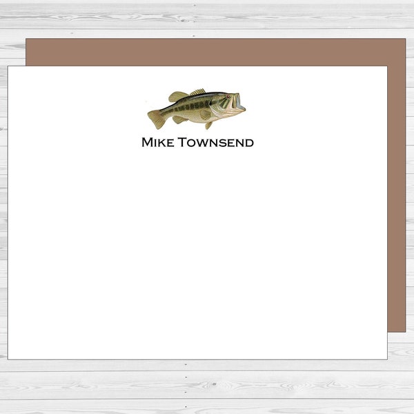 Fishing Stationery, Personalized Notecards, Flat Set of 10, Bass Note card, fishing notecards, Men's note card, personalized stationery