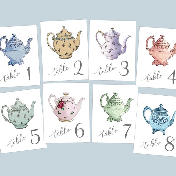 Tea Party Table Cards, Teapot Table Numbers, Bachelorette Party Cards, Teacups, Women's Banquet, Bridal Shower Cards, Tea Party Theme Cards,