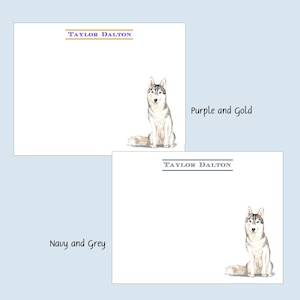Husky Stationery, Set of 10 Cards, Personalized Notecards, Flat Cards, Custom, Purple and Gold, Navy blue and grey, College, University