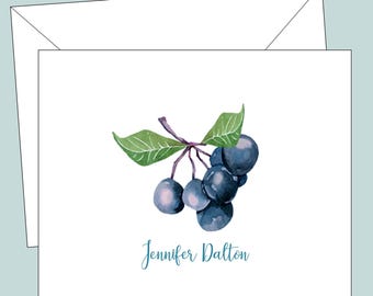 Blueberry Stationery, Personalized Notecards, Botanical Folded Cards