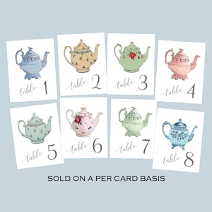 Teapot Table Number Cards, Tea Party Bridal Shower
