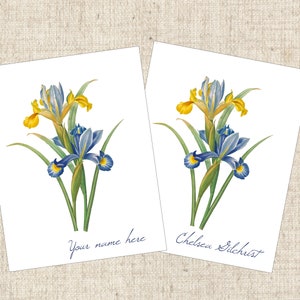 May include: Two printable cards featuring a watercolor illustration of blue and yellow irises. The card on the left says "Your name here" and the card on the right says "Chelsea Gilchrist".