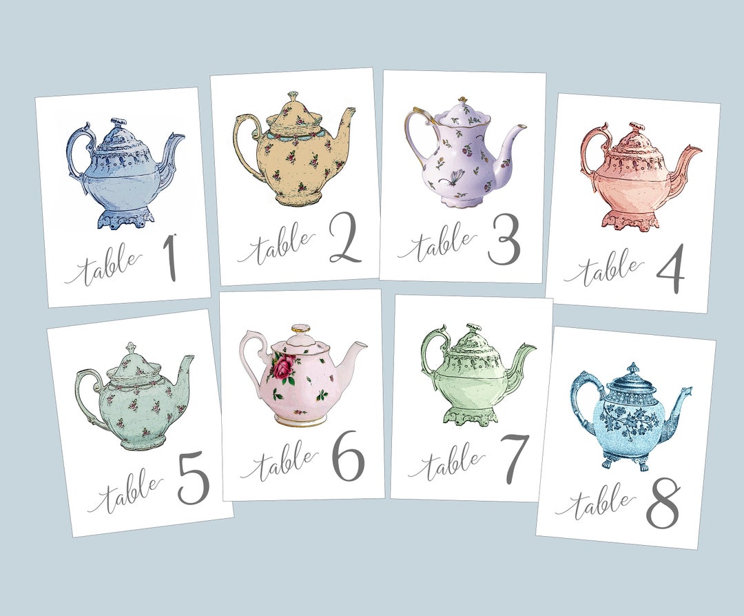Tea Party Table Cards, Teapot Table Numbers, Bachelorette Party Cards
