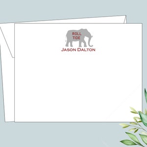 May include: White stationery with a gray elephant silhouette and the text "Roll Tide" in red. The name "Jason Dalton" is printed below the elephant.