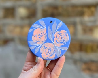 Floral, ceramic, hand-painted ornament -light blue with peach roses- by The Jaime Elaine Creative