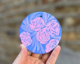 Floral, ceramic, hand-painted ornament -light blue with pink roses- by The Jaime Elaine Creative