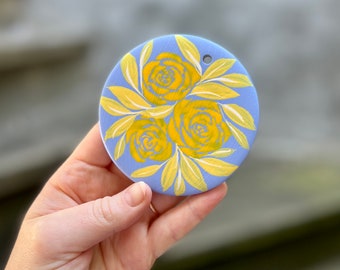 Floral, ceramic, hand-painted ornament -light blue with yellow roses- by The Jaime Elaine Creative