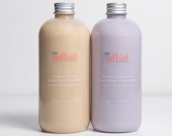 Champú y acondicionador de frutos negros, champú vegano para cabello graso, champú para cabello rizado, acondicionador natural, acondicionador profundo para cabello natural.