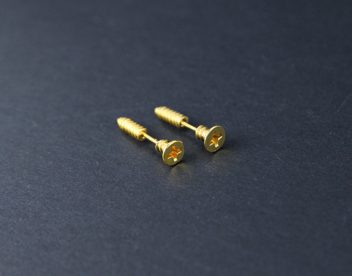 Gold Screw Stud Earrings Quirky Jewelry Cross Screw Earrings Etsy