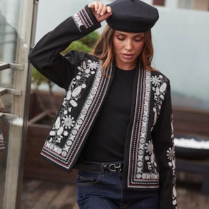 Black boho women jacket,bohemian black short coat,retro style cotton jacket,traditional ethnic jacket,latin cardigan,embroidered coat women