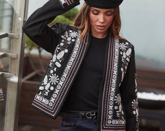 Black boho women jacket,bohemian black short coat,retro style cotton jacket,traditional ethnic jacket,latin cardigan,embroidered coat women
