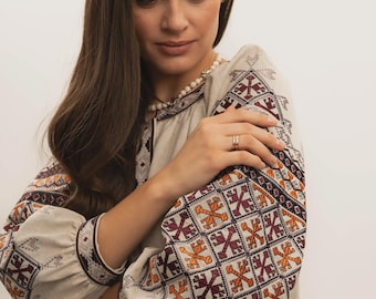 Linen blend embroidered Folk Shirt, Natural Cotton Vyshyvanka Blouse