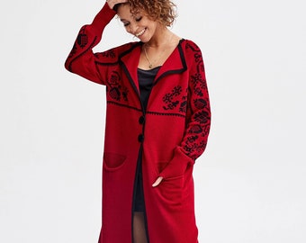 Red Knitted Boho Cardigan, Wool Blend Knit Coat