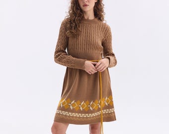 Ukraine Embroidery Knitted Dress,embroidered Wool Dress,ukraine Winter Dress ,sweater Dress,beige Warm Dress - Etsy