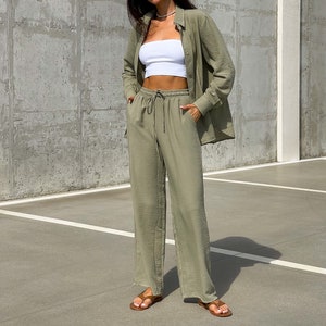 Linen wide leg palazzo woman pants, summer linen pants, women linen pants, white linen pants, linen clothing image 1