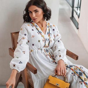 Boho Embroidered Maxi Dress, White Cotton Summer Dress, Long Sleeve Peasant Dress, Vintage Style Cottagecore Dress