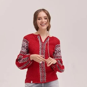 Red Vishivanka, Pure linen blouse, Vishivanka, Ukrainian Vyshyvanka blouse, Knit Blouse, Crochet Blouse, Ukraine shirt