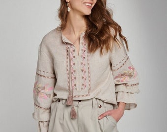 Beige women linen Vyshyvanka blouse, embroidered blouse, linen boho blouse, Ukrainian Vyshyvanka
