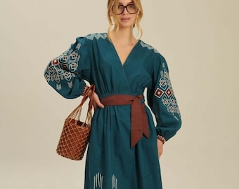 Linen embroidered boho dress, wrap linen dress, Vyshyvanka dress, Embroidered dress, Ukrainian dress, linen woman dress
