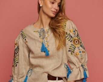 Natural Linen Shirt for Women, Floral Embroidered Blouse with Bell Sleeves, Boho Folk Top