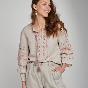 Beige women linen Vyshyvanka blouse, embroidered blouse, linen boho blouse, Ukrainian Vyshyvanka