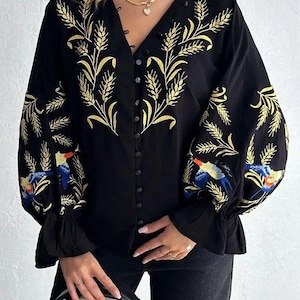 Puff sleeves button up front blouse Ukrainian embroidered Vyshyvanka, Loose fit button up front blouse, Embroidered blouse Black blouse