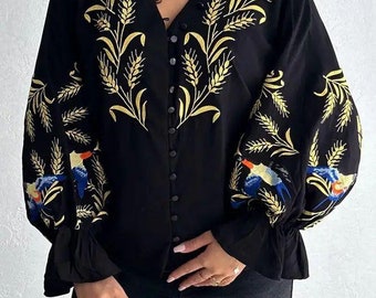 Puff sleeves button up front blouse Ukrainian embroidered Vyshyvanka, Loose fit button up front blouse, Embroidered blouse Black blouse