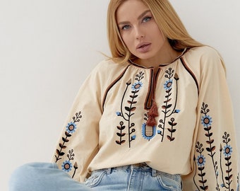 Beige Vyshyvanka woman, Ukrainian blouse, Vishivanka, Ukraine embroidery, Etno blouse, Ukrainian clothing