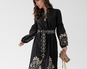 Black midi embroidered Ukraine dress, Ukrainian Vyshyvanka dress, Black midi dress, Ukrainian clothes