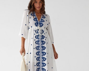 Embroidered White Cotton Boho Dress: Summer Midi Dress