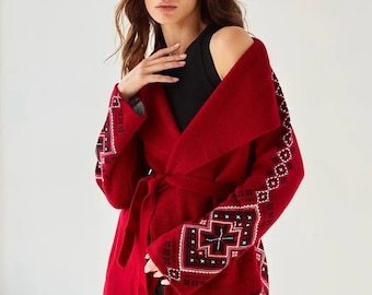 Women’s Knit Red Cardigan, Boho Style Wrap Winter Cardigan with Ukraine Ornaments