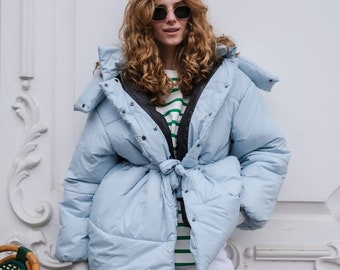 Blue streetwear winter coat, women oversized jacket, Winter puffer jacket women, Warm winter jacket