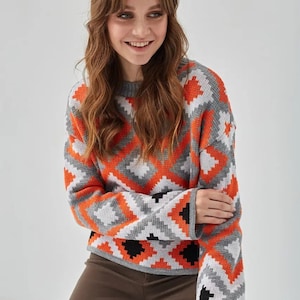 Orange Geometric Knit Sweater: Oversized Boho Jumper