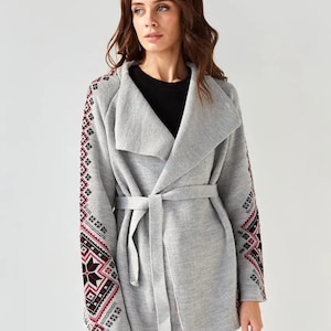 Grey Knitted Cardigan, Ukrainian Wrap Cardigan with Traditional Ornaments for Women