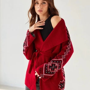 Women’s Knit Cardigan, Boho Style Wrap Winter Cardigan with Ukraine Ornaments