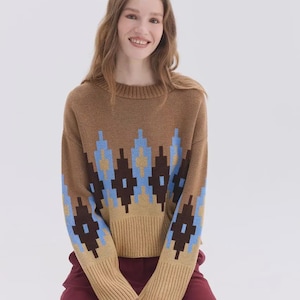 Beige and Blue Knit Sweater, Cozy Wool Blend Oversized Jumper, One Size (42–46) Soft Minimalist Pullover, Trendy 2025 Knitwear