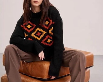 Ukrainian ornament sweater, women Ukraine knitted sweater, cropped sweater, Ukrainian ornament, Winter wool sweater