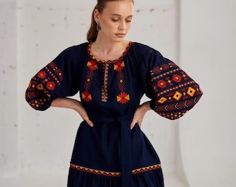 Navy blue Ukrainian dress, embroidered dress, Vyshyvanka tunic dress, Ukraine dress, Ukrainian clothing