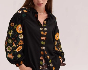 Black Botanical Embroidered Shirt, Ukrainian Folk Blouse with Orange Flowers, Dark Cottagecore Boho Top Made in Ukraine