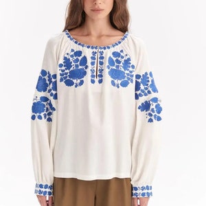 Ivory blouse with blue embroidered flowers, Embroidered Sleeve Peasant Top, Loose Fit Boho Chic