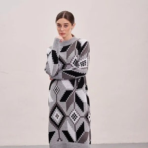 Long winter dress, Warm sweater dress, Ukrainian tunic dress, Knit grey dress, Winter dress, Ukraine dress