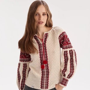 Beige crochet Ukrainian Vyshyvanka blouse, Folk Peasant Blouse, Ethnic Vyshyvanka Blouse, Ukrainian Clothing