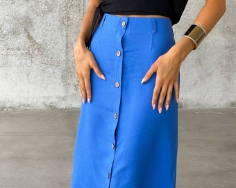 Midi linen work skirt, button up linen skirt, Linen women skirt, Casual linen skirt, Teacher skirt, Linen skirt