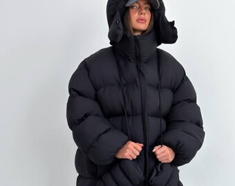Black Winter Oversize Puffer Coat, Streetwear Women Jacket