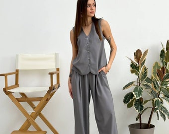 Grey linen women suit set, Linen palazzo pants, Wide leg linen pants, Linen women vest, linen summer clothes