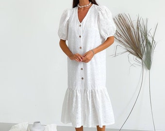 Long white summer dress with puff sleeves, cottagecore white dress, puff sleeves dress