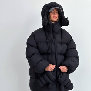 Black winter oversize puffer coat, Streetwear women jacket, Black Winter puffer jacket women, Warm winter jacket, Black puffer image 2