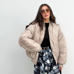 Beige winter bomber jacket women, oversized bomber jacket, long jacket women, women warm bomber, oversize jacket, bomber jacket image 1