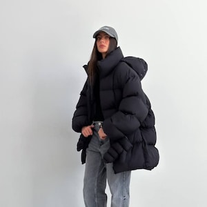 Black winter oversize puffer coat, Streetwear women jacket, Black Winter puffer jacket women, Warm winter jacket, Black puffer image 1