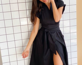 Black wrap kimono dress with obi belt, black midi dress, black wrap dress, kimono dress, wrap summer dress